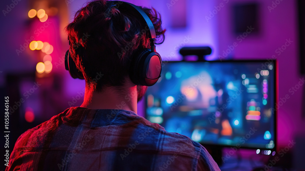 A gamer is playing on a computer in a room with a neon light.