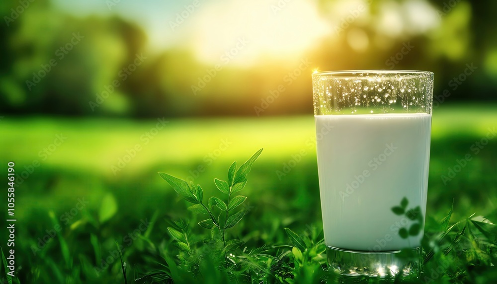 Chilled glass of milk with condensation droplets on the surface, set against a backdrop of fresh, green pastures, capturing the essence of freshness and purity, high resolution 8K Chilled glass of milk with condensation droplets on the surface, set against a backdrop of fresh, green pastures, capturing the essence of freshness and purity, high resolution 8K