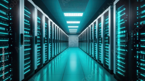 Futuristic Data Center with Glowing Server Racks