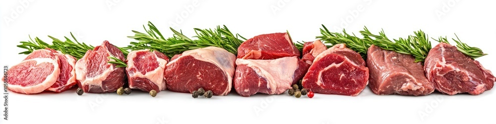 Raw Meat Panorama. Fresh Beef, Lamb, and Pork Slices on White Background Raw Meat Panorama. Fresh Beef, Lamb, and Pork Slices on White Background