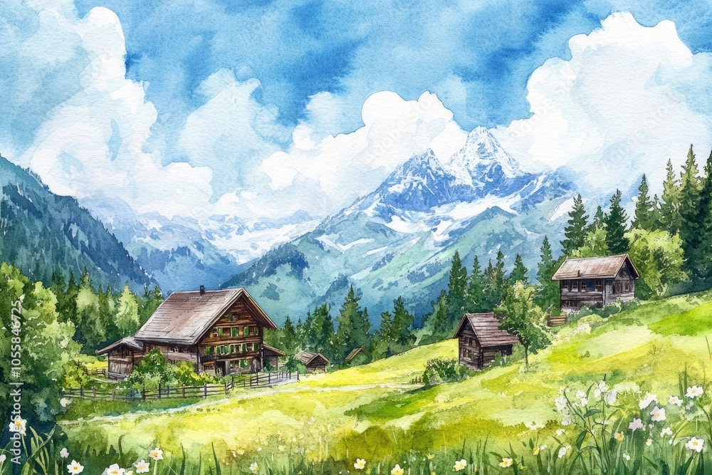 Picturesque Alpine Countryside. Watercolor Illustration of Scenic Swiss Mountain Village Picturesque Alpine Countryside. Watercolor Illustration of Scenic Swiss Mountain Village