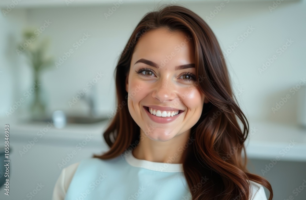 A woman is joyfully smiling while comfortably sitting in a dental chair, feeling relaxed and happy during her dental visit for treatment A woman is joyfully smiling while comfortably sitting in a dental chair, feeling relaxed and happy during her dental visit for treatment
