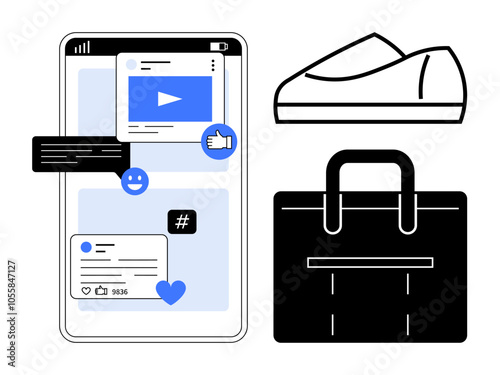 Smartphone with social media notifications, likes, and comments. Accompanied by a pair of shoes and a briefcase. Ideal for business, marketing, technology, shopping, fashion, social media