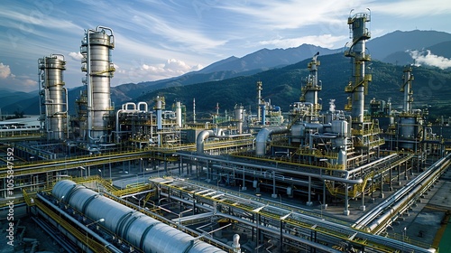 An industrial complex with tall towers and pipes set against a backdrop of mountains.