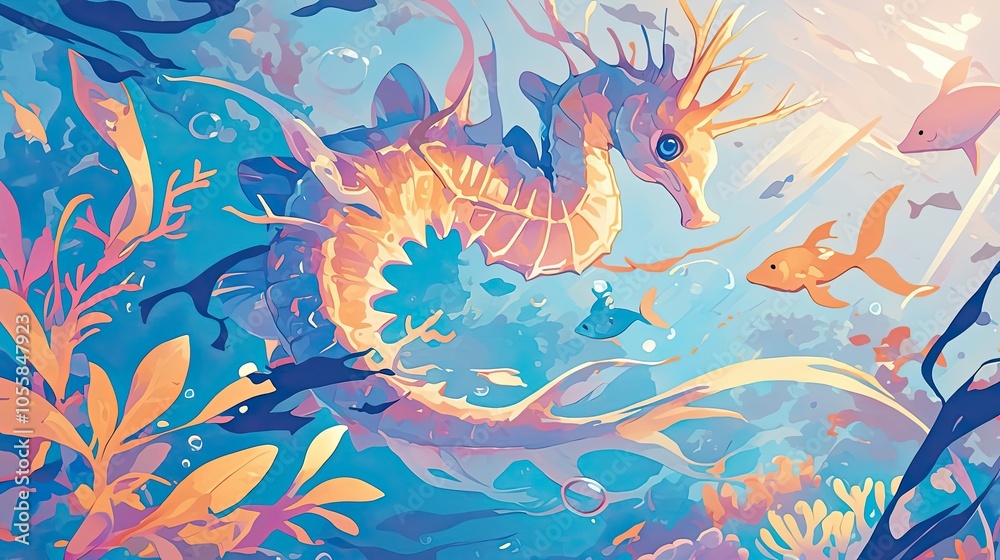 A Seahorse and Other Fish Swimming in the Ocean A Seahorse and Other Fish Swimming in the Ocean