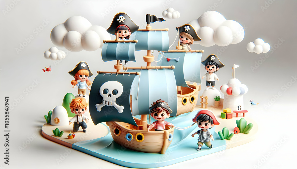 3D Children Pirates Pretend Ship Playground Soft Abstract Background Playful Scene Toy Sails Flags Copy Space Promotional Text Icon White Background