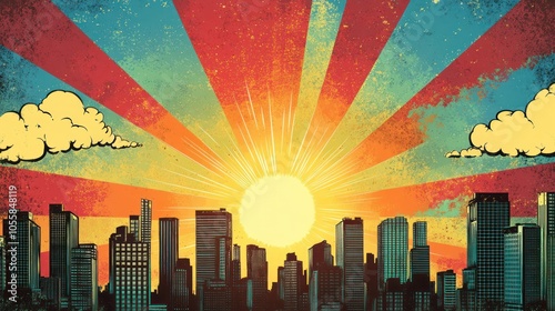 comic book style cartoon illustration of cityscape with sun and clouds in the sky