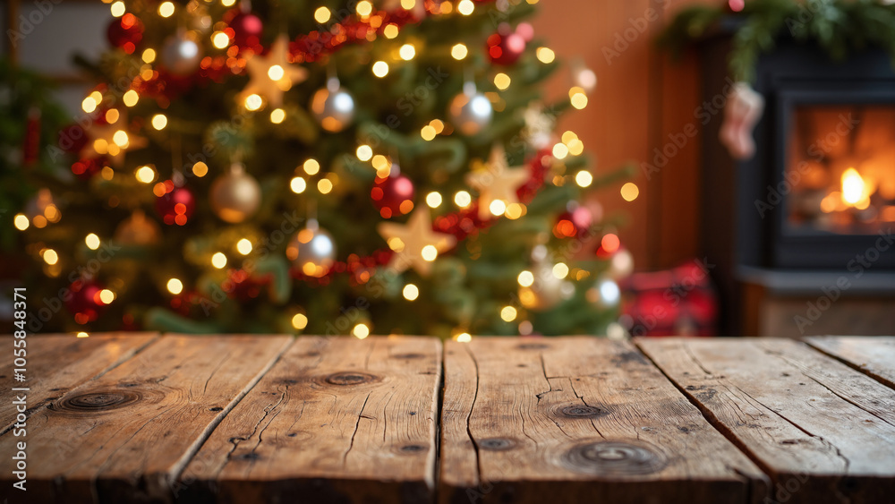 Rustic Wooden Table with Christmas Tree: Perfect for Holiday Marketing, Greeting Cards, and Festive Promotions Rustic Wooden Table with Christmas Tree: Perfect for Holiday Marketing, Greeting Cards, and Festive Promotions