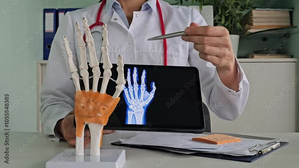 A doctor examines a model of a hand skeleton while pointing to an X-ray image on a tablet