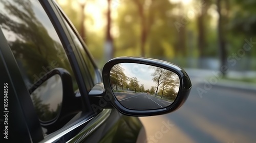 Close-up of a car's side mirror reflecting a road with trees and a sunset in the background.