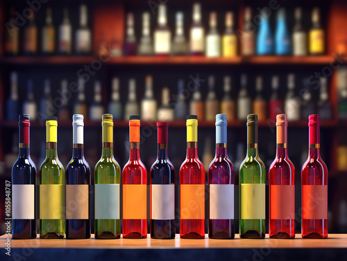 Wine Background Featuring Bottles with Unlabeled Labels on Store Counter