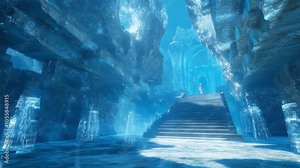 Obraz premium A serene ice cavern with stairs leading to a distant figure, illuminated by ethereal blue light.