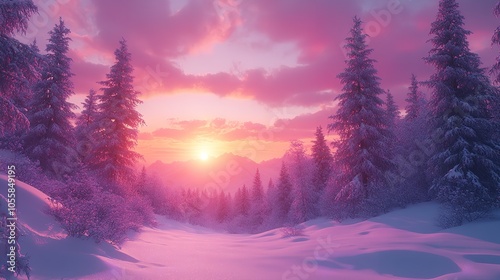 Winter wonderland: majestic forest and sunrise scenery in purple hues