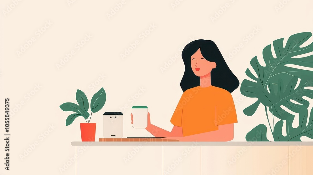 Woman using voice assistant in kitchen, handsfree smart home technology, modern lifestyle Woman using voice assistant in kitchen, handsfree smart home technology, modern lifestyle