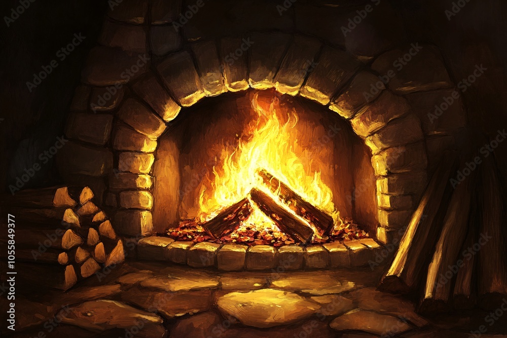 Cozy Fireplace With Burning Logs and Stone Surround Cozy Fireplace With Burning Logs and Stone Surround
