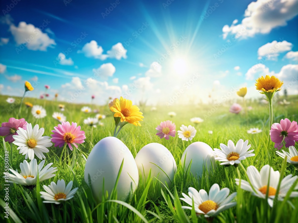 Fototapeta premium Happy Easter Landscape with White Ornamental Eggs in a Festive Setting