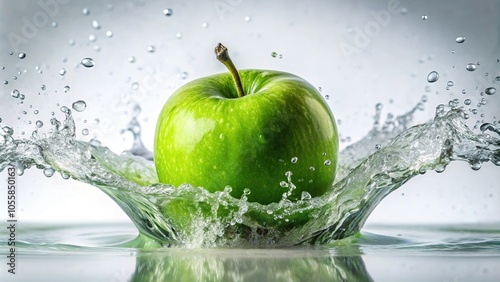 Macro shot of a fresh green apple falling with splashing water