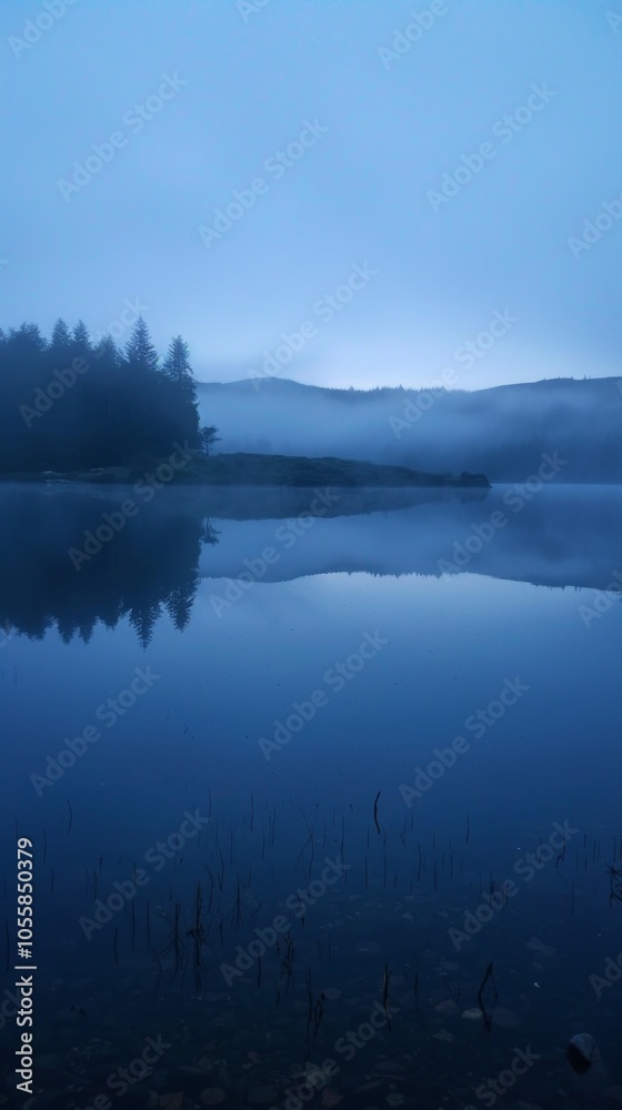 Fototapeta premium A serene lake with pine trees, reflected sky, and misty hills creates a tranquil, mysterious atmosphere enveloped in fog, symbolizing a deep bond with nature.
