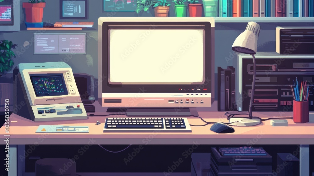 Classic retro computer setup on a cluttered desk with a faint screen glow, evoking memories of vintage computing. Classic retro computer setup on a cluttered desk with a faint screen glow, evoking memories of vintage computing.