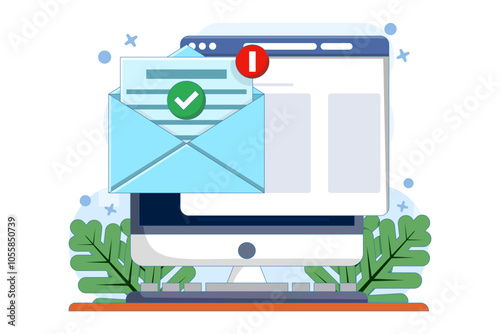 Concept of check mark notification on approved email message, online document on laptop computer, or digital letter successfully confirming application, verified document.