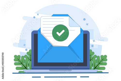 Concept of check mark notification on approved email message, online document on laptop computer, or digital letter successfully confirming application, verified document.
