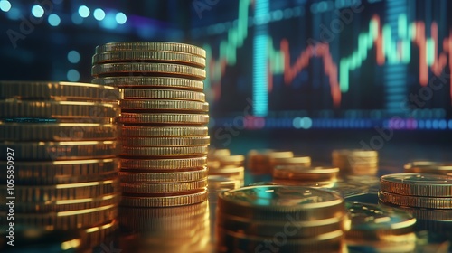 A stack of gold coins with stock market graphs in the background on a digital screen
