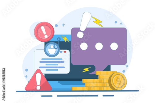 beware of fraudulent messages concept. danger and alertness. fraud alert. fraudulent mode to steal money and personal data. device with coin, warning sign, chat symbol. flat vector illustration.