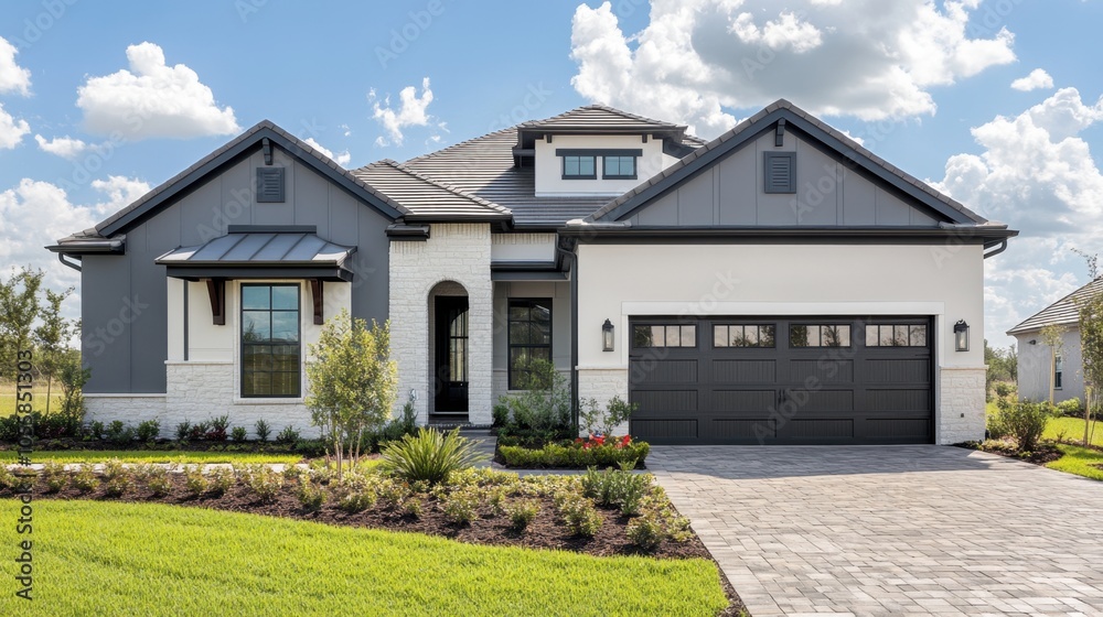 Clean-lined gray and white exterior of a modern home, with a contrasting dark garage door, and manicured plants at the entry. Clean-lined gray and white exterior of a modern home, with a contrasting dark garage door, and manicured plants at the entry.
