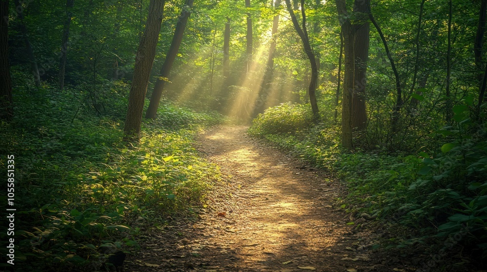 Sunbeams illuminating a path through a dense, green forest. Sunbeams illuminating a path through a dense, green forest.