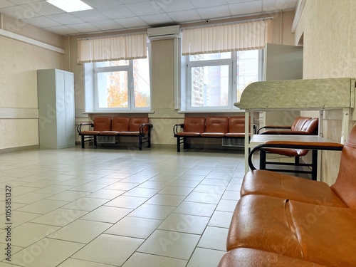 Interior, medical room, school. big windows. 