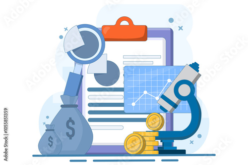 Financial analyst or consultant concept. Making financial operations. Financial studies, forecasts and risk assessments. Business strategy. Analyzing statistical or financial information. Illustration