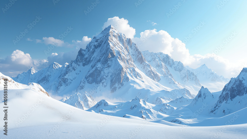 Majestic Snow-Capped Mountain 3D Render: Pristine Winter Landscape for Travel, Adventure, and Conservation Campaigns Majestic Snow-Capped Mountain 3D Render: Pristine Winter Landscape for Travel, Adventure, and Conservation Campaigns