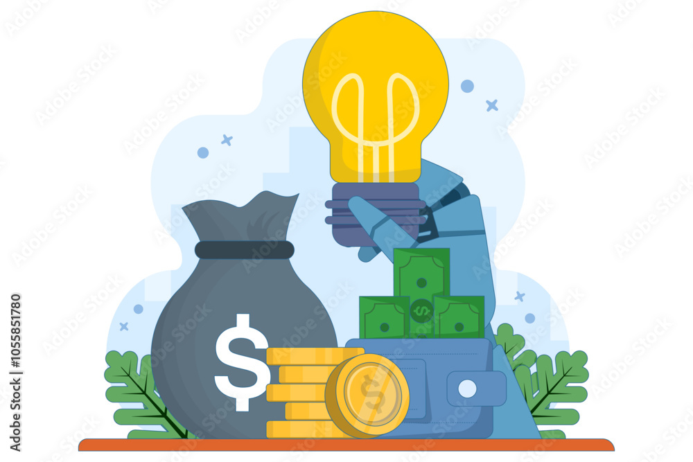 Financial idea concept, Light bulb with stack of gold coins, light bulb and dollar coins, symbolizes innovative ideas, financial growth and successful business strategies. flat vector illustration. Financial idea concept, Light bulb with stack of gold coins, light bulb and dollar coins, symbolizes innovative ideas, financial growth and successful business strategies. flat vector illustration.