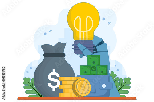 Financial idea concept, Light bulb with stack of gold coins, light bulb and dollar coins, symbolizes innovative ideas, financial growth and successful business strategies. flat vector illustration.