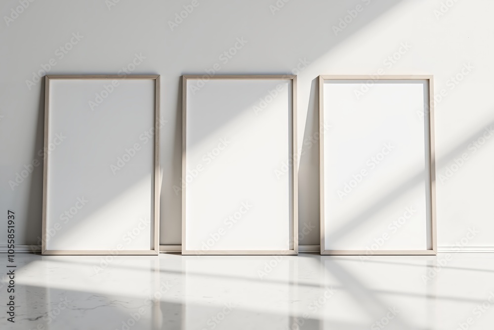 Minimalist art gallery display with blank frames for creative design concepts. Minimalist art gallery display with blank frames for creative design concepts.