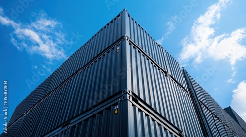 Close-up of a towering black shipping container structure with crisp lines, against a vibrant blue sky.