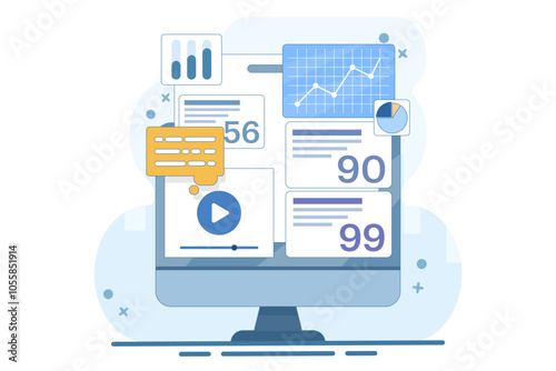 Business development concept. Marketing. Modern way to advertise and find customers. SEO. Business analysis, market research, product testing, data analysis. Flat vector illustration.