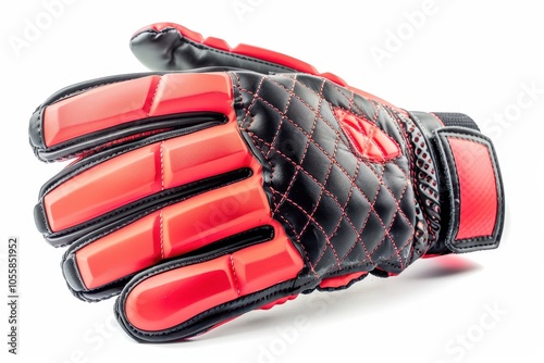 Red and black goalie glove on white background photo