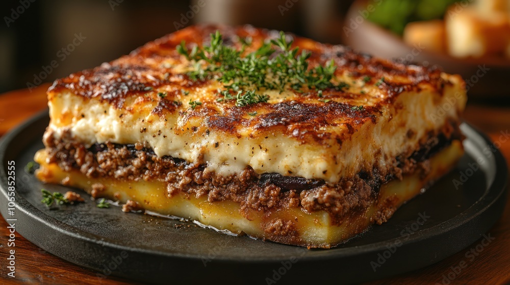 A delicious layered dish with meat, sauce, and cheese topping. A delicious layered dish with meat, sauce, and cheese topping.
