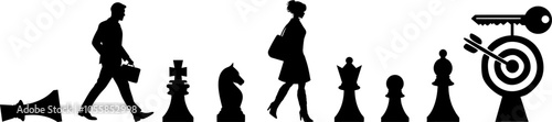 Vektor Silhouetten Mann und Frau auf dem Weg zum Schlüssel - Ziel: Der Schlüssel zum Glück - Taktik und Strategie mit Schachfiguren - Business und Gesellschaft