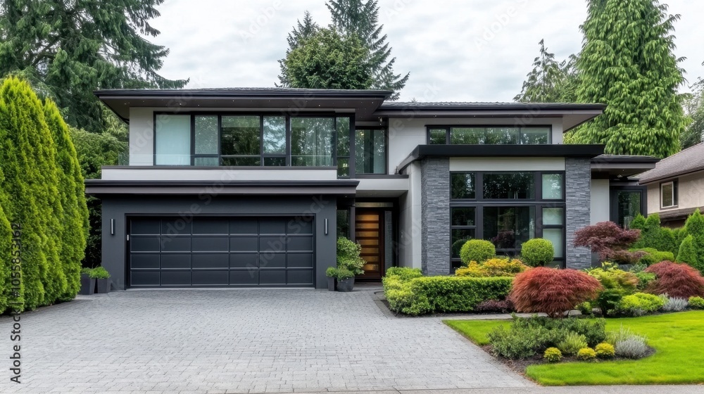 Contemporary house exterior in gray and white, with a bold dark garage door and neatly trimmed plants creating a chic, minimalist style. Contemporary house exterior in gray and white, with a bold dark garage door and neatly trimmed plants creating a chic, minimalist style.