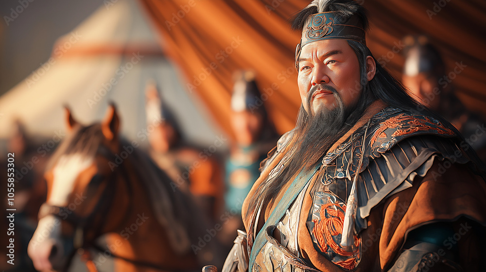 A Mongolian warrior, with a stern expression, stands before his troops and their horses. A Mongolian warrior, with a stern expression, stands before his troops and their horses.
