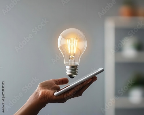 Hand holding tablet under LiFi lamp, highspeed connectivity, home office innovation photo