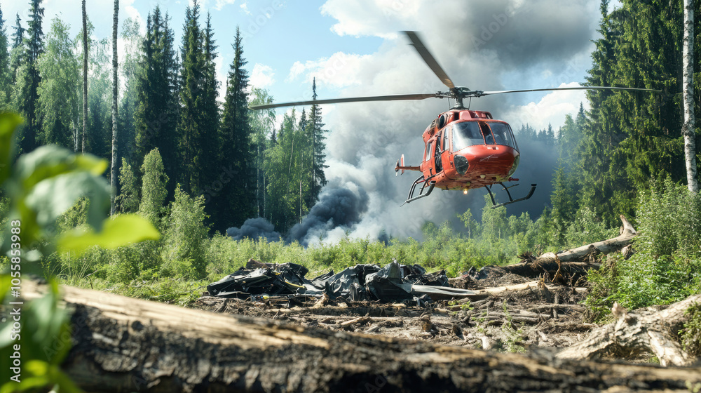 Naklejka premium Helicopter in Action Above Smoke and Forested Landscape