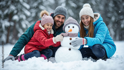 Joyful Family Building Snowman in Winter Wonderland: Perfect for Holiday Cards and Winter Getaway Ads