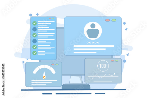 Flat illustration concept of usability testing, QA engineering, developer, Tester looking for bugs, Site testing, Software optimization process, checking application functionality. Vector illustration