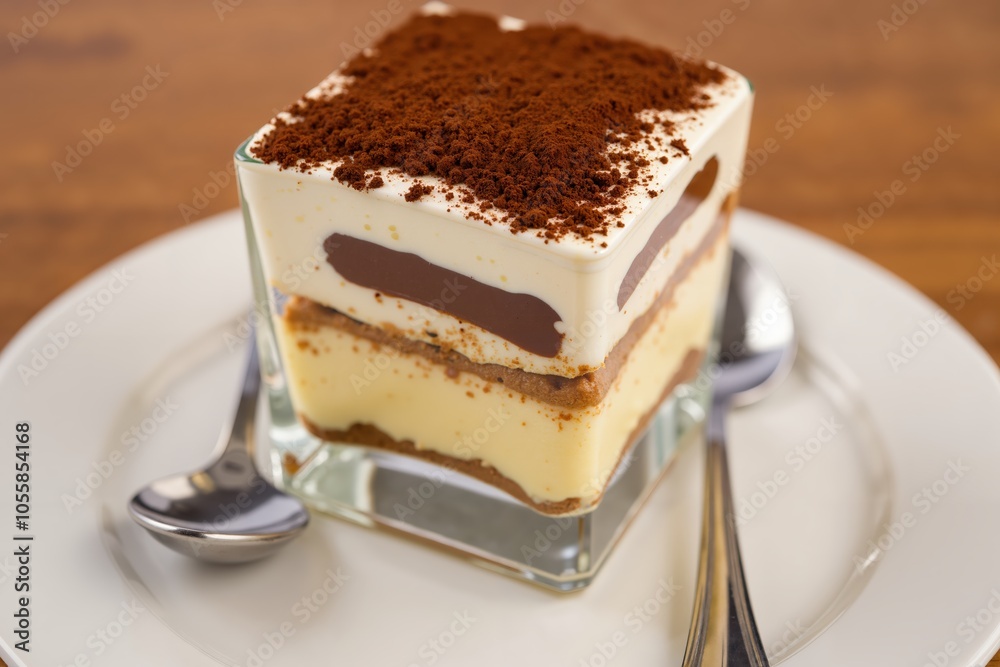 Delicious tiramisu dessert in glass with cocoa dusting and spoons on white plate for gourmet treats.