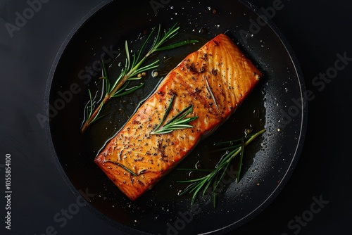 Salmon steak cooked with rosemary on black background Overhead view