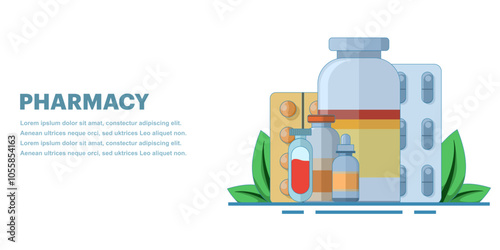 Medical concept. Medicines. Pharmacy web banner. Health and pharmacy, sale of medicines. Flu, cough and cold medicine, medicinal syrup, throat spray, tablets, capsules. Flat vector illustration.