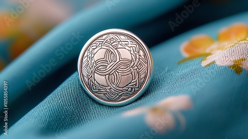 Silver button with a Celtic knot design, unique for traditional clothing photo